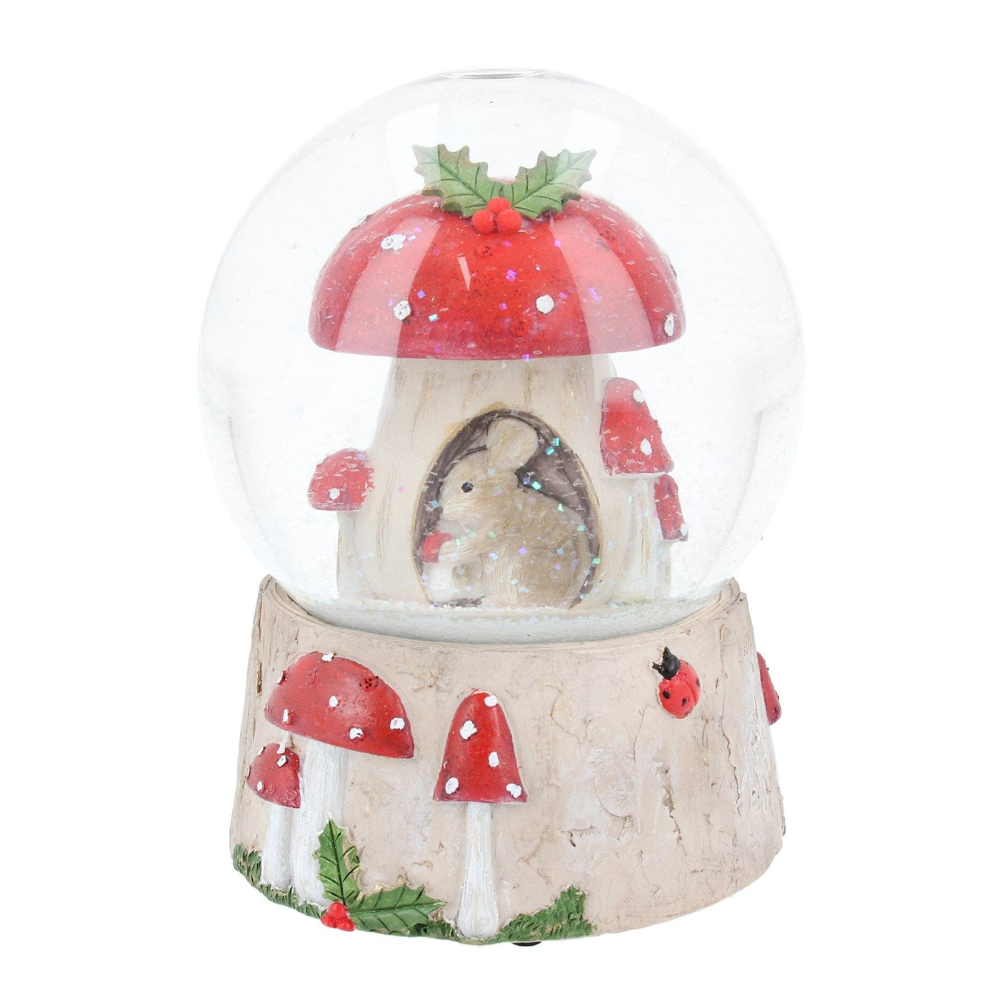 Gisela Graham Christmas Snow Globes, Christmas Decorations Mouse and Toadstool Musical Christmas Snow Globe