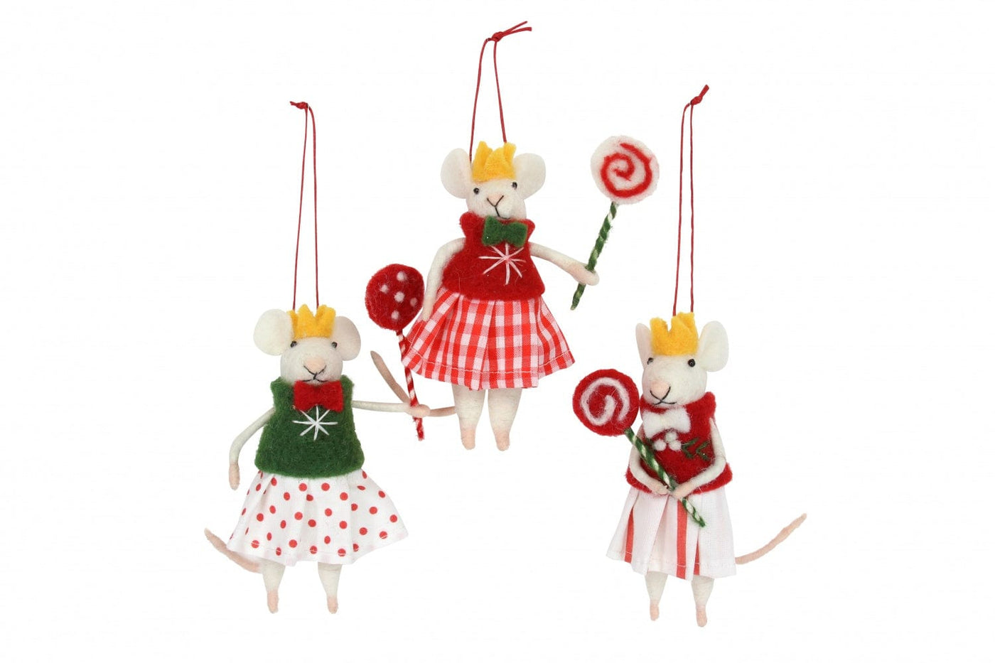 Gisela Graham Christmas Christmas Decorations Set of Three Felt Mice with Lollipops Christmas Tree Decorations