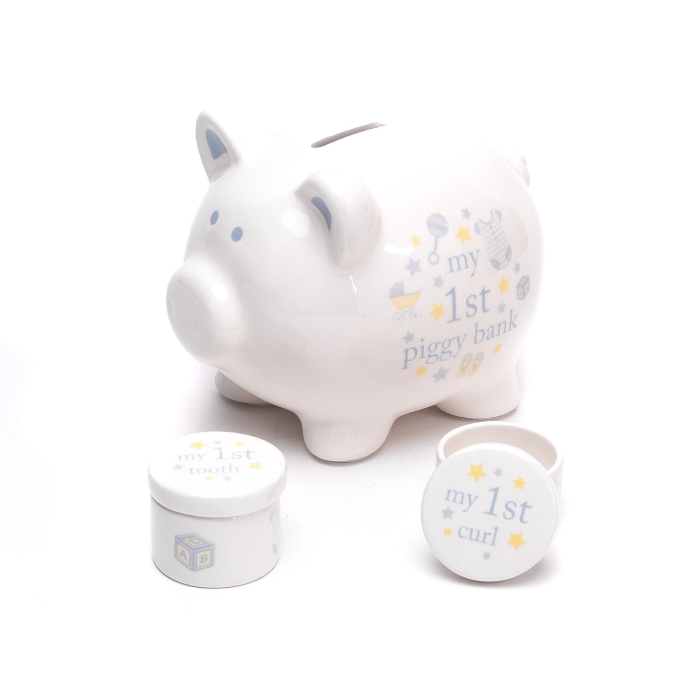 Widdop Gifts Money Boxes & Pots Ceramic Baby's Blue Piggy Bank, Tooth and Curl Gift Set
