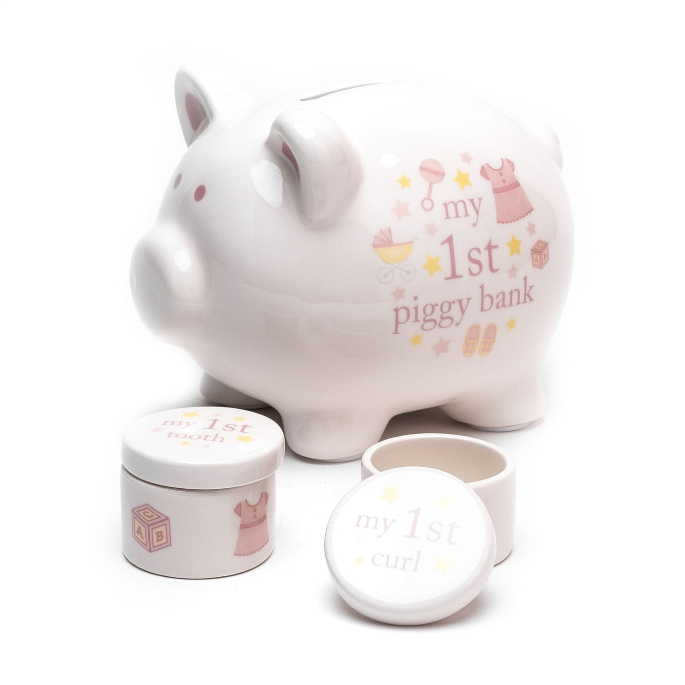 Widdop Gifts Money Boxes & Pots Ceramic Baby's Pink Piggy Bank, Tooth and Curl Gift Set
