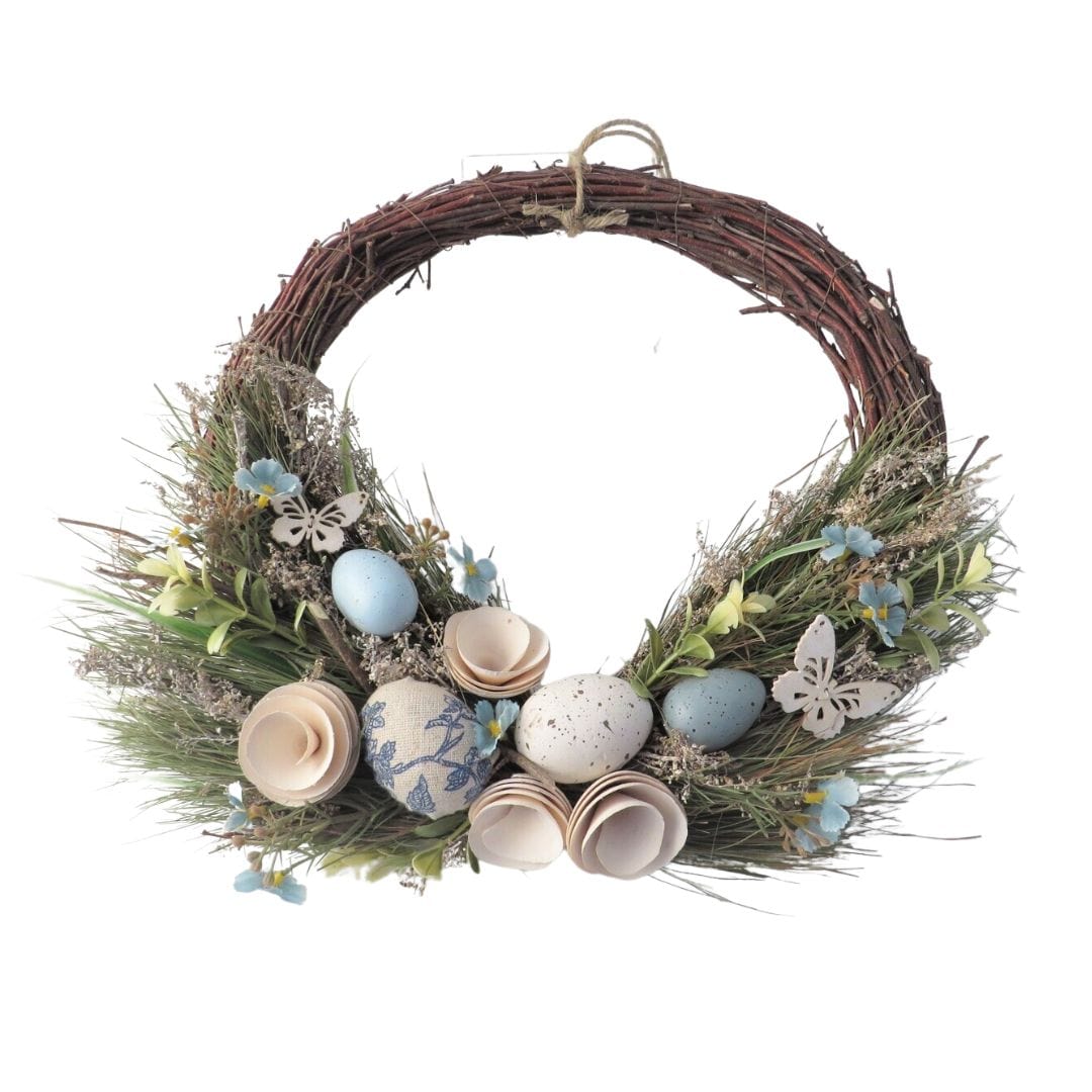 Giftware Trading Easter Decorations Rustic Floral Blue and Cream Easter Twig Wreath