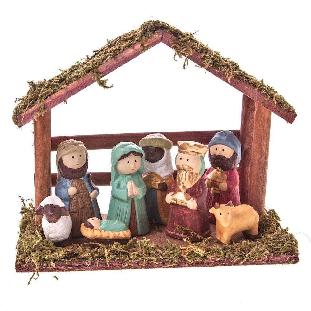 Gisela Graham Christmas Christmas Decorations Ceramic Nativity Scene in a Wooden Stable