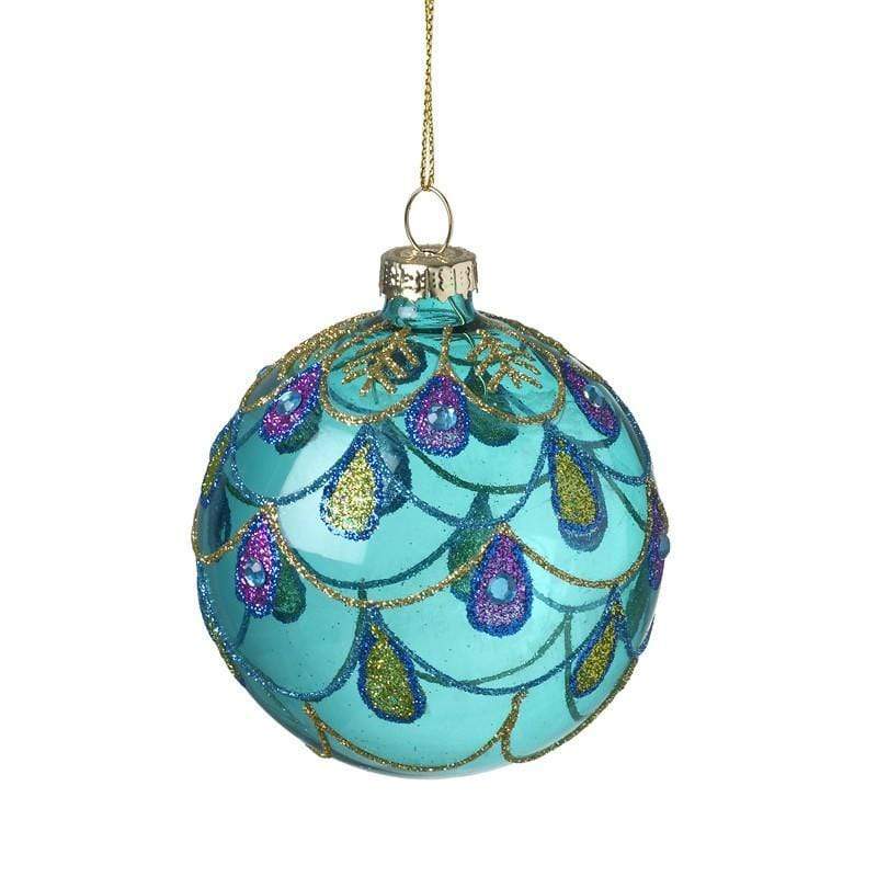 Heaven Sends Christmas Christmas Decorations Peacock Decorated Teal Glass Christmas Bauble