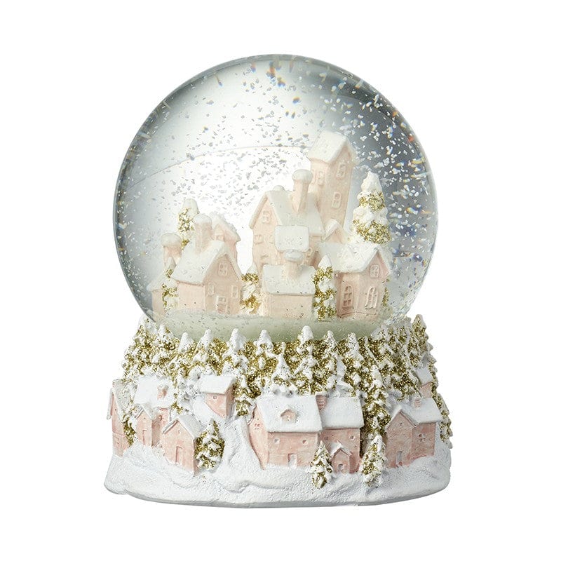 Heaven Sends Christmas Snow Globes Pink and Gold Village Scene Musical Christmas Snow Globe