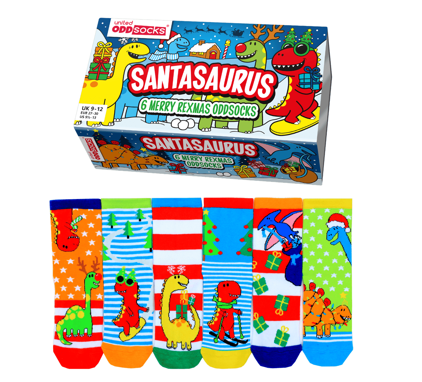 United Odd Socks Socks Santasaurus Dinosaur Children's Christmas Oddsocks - Size 9-12