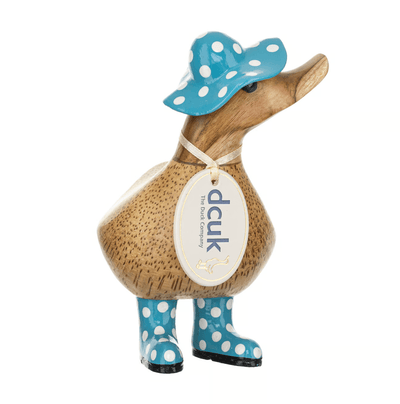 DCUK decor Blue Spotty Hat and Welly Wooden Ducky - Choice of Colour