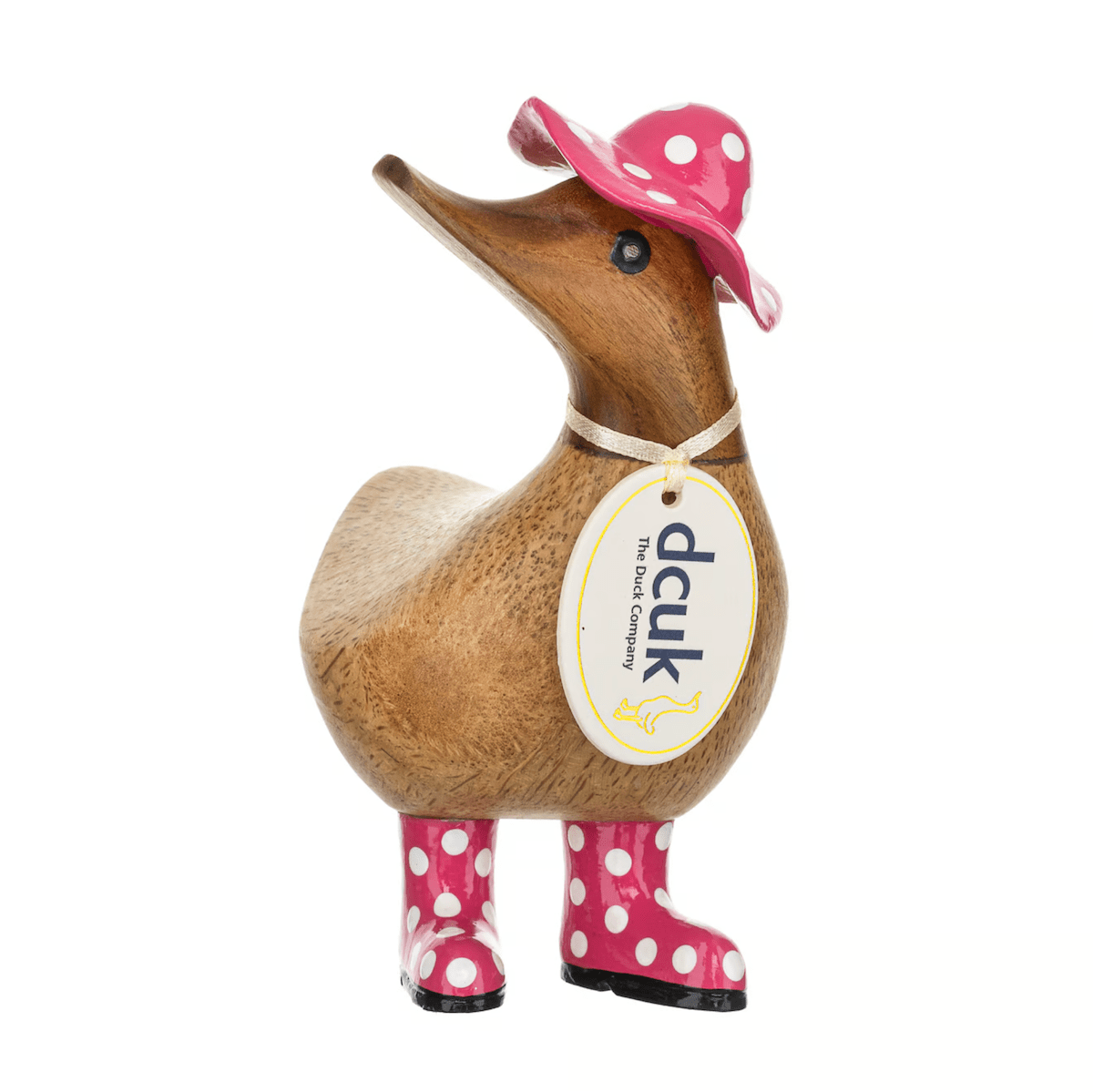 DCUK decor Pink Spotty Hat and Welly Wooden Ducky - Choice of Colour
