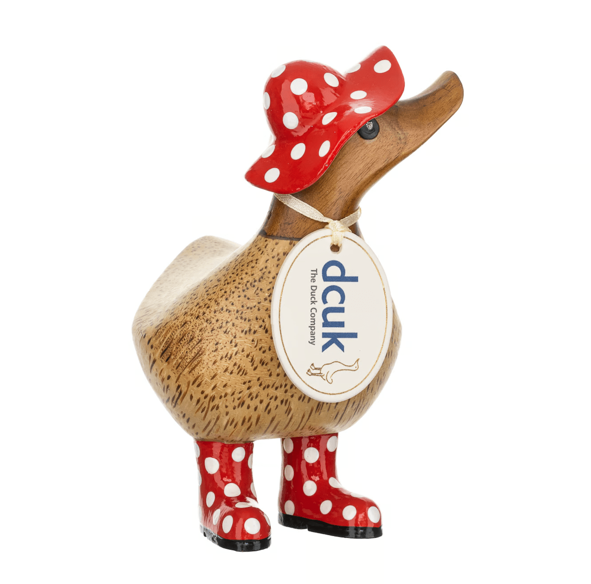 DCUK decor Red Spotty Hat and Welly Wooden Ducky - Choice of Colour