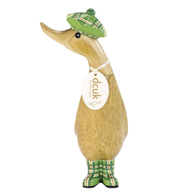 DCUK Ornaments Green Tartan Hat and Boots Natural Wooden Ducklings