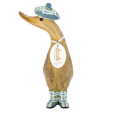 DCUK Ornaments Teal Tartan Hat and Boots Natural Wooden Ducklings
