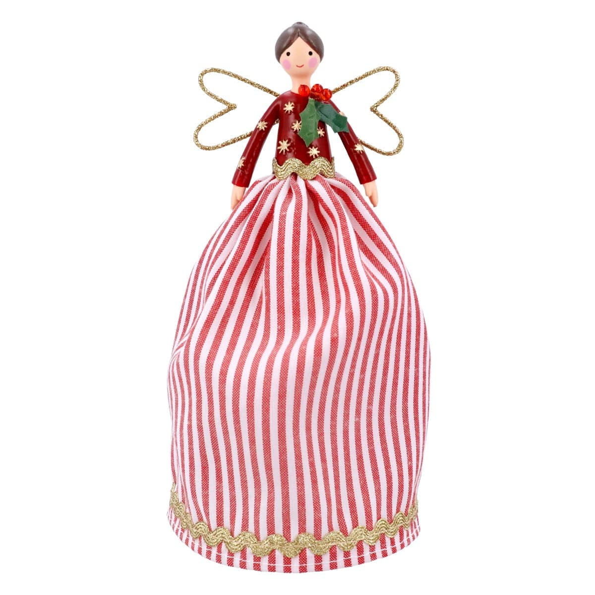 Gisela Graham Christmas Christmas Decorations Red & White Stripe Holly Design Fairy Christmas Tree Topper