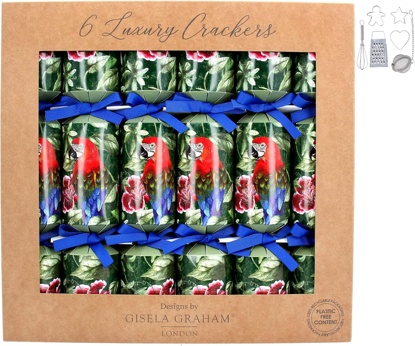 Gisela Graham Christmas Christmas Decorations Set of 6 Luxury Parrot Design Christmas Crackers