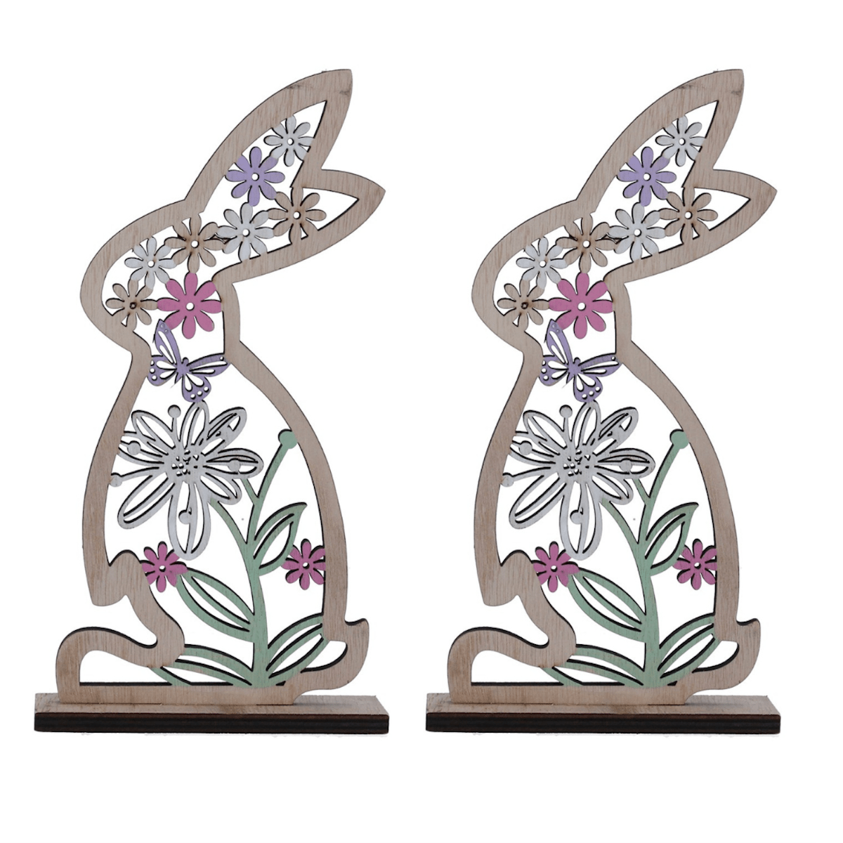 Gisela Graham Easter Easter Decorations Set of 2 Wooden Floral Rabbit Easter Decorations