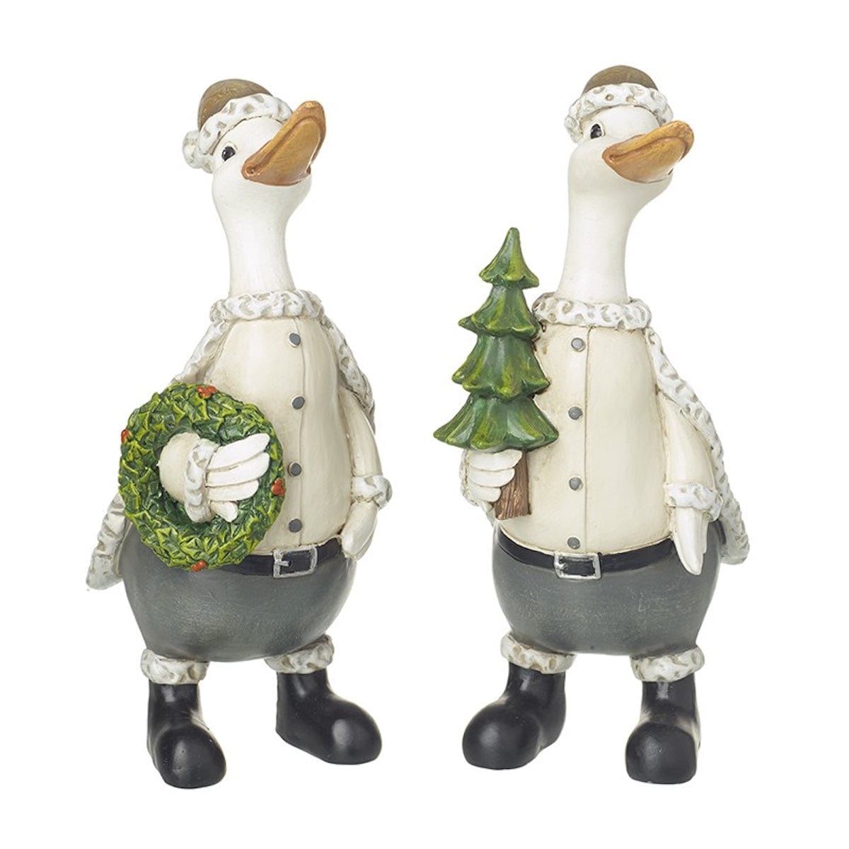 Heaven Sends Christmas Christmas Decorations Grey and White Ducks with Wreath and Tree Christmas Decorations