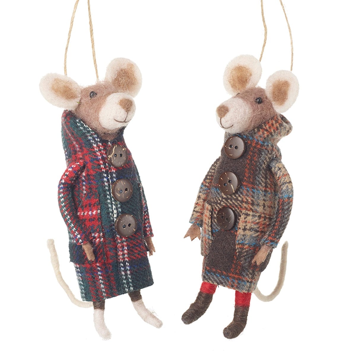 Heaven Sends Christmas Christmas Decorations Set of 2 Felt Mice in Tartan Jackets Christmas Tree Decorations