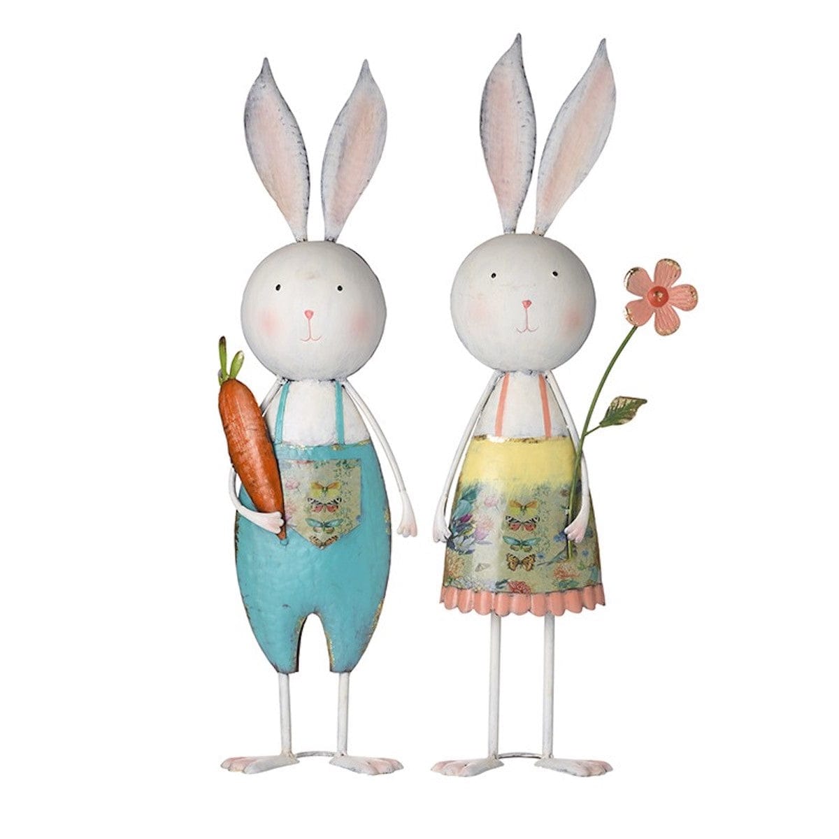Heaven Sends Home accessories Set of 2 Metal Rabbits with Carrot and Flower Ornaments