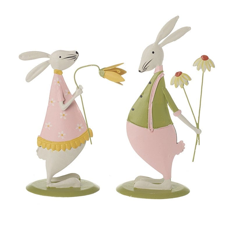 Heaven Sends Easter Decorations Set of 2 Metal Rabbits with Flowers Easter Decorations