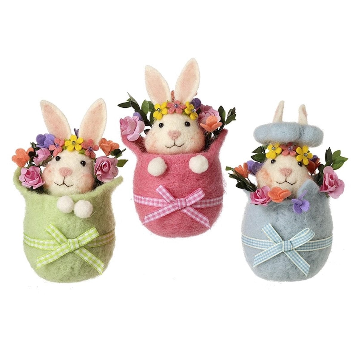 Heaven Sends Easter Decorations Set of 3 Colourful Felt Floral Easter Bunnies in Eggs