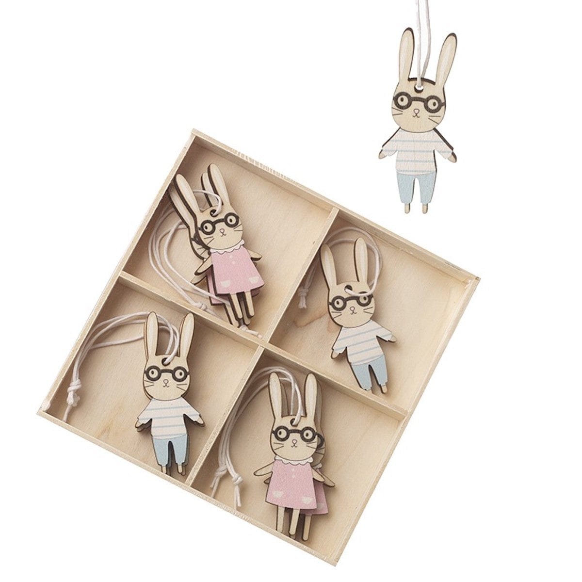 Heaven Sends Easter Decorations Set of 8 Wooden Rabbits in Glasses Easter Decorations