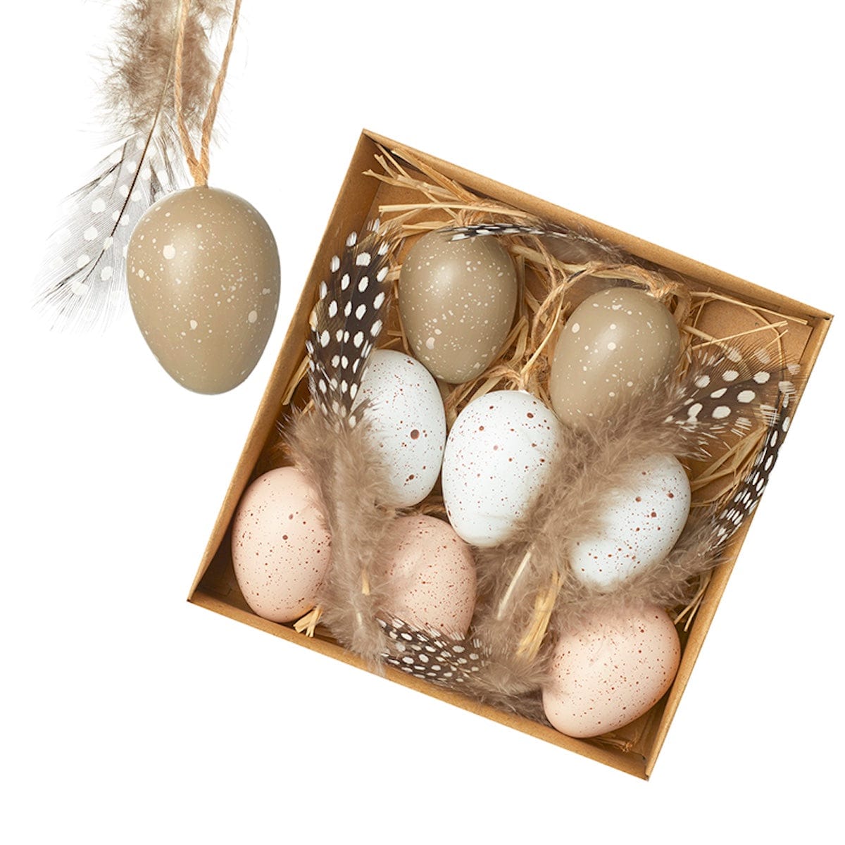 Heaven Sends Easter Decorations Set of 9 Rustic Speckled Easter Egg and Feather Decorations