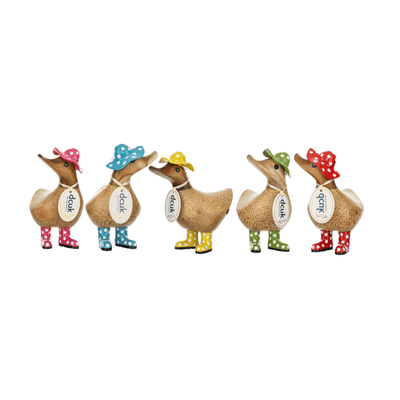 Mollie and Fred Gifts DCUK Spotty Hat and Welly Wooden Ducky - SMALL ONES - Choice of Colour