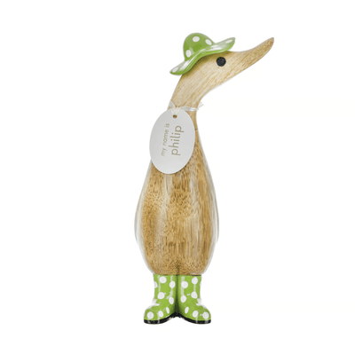 Mollie and Fred Gifts Ornaments Green Spotty Hat and Wellies Wooden Ducklings - Choice of Colour