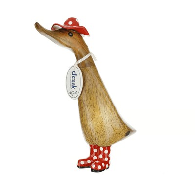 Mollie and Fred Gifts Ornaments Red Spotty Hat and Wellies Wooden Ducklings - Choice of Colour