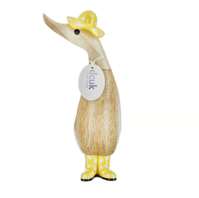 Mollie and Fred Gifts Ornaments Yellow Spotty Hat and Wellies Wooden Ducklings - Choice of Colour