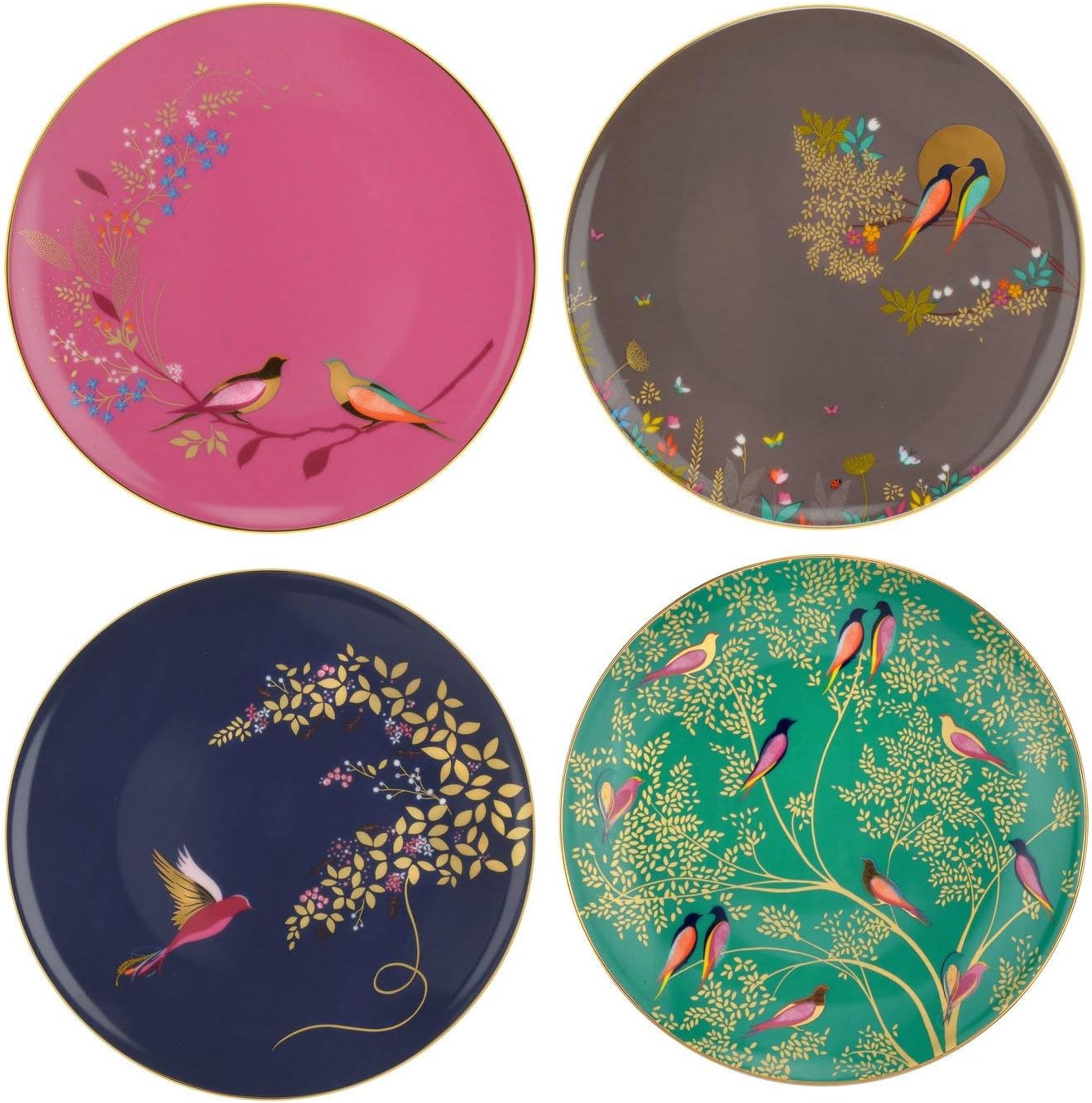 Set of 4 Fine China Chelsea Bird Cake Plates