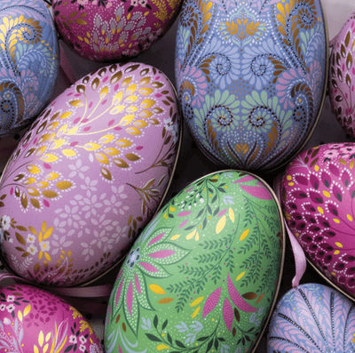 Sara Miller Easter Decorations Set of 4 Floral Large Easter Egg Shaped Tins