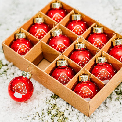 Sass & Belle Christmas Christmas Decorations Set of 12 Miniature Mushroom Christmas Tree Baubles