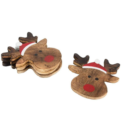 Sass & Belle Christmas Coasters & Placemats Set of 4 Wooden Rudolph Coasters