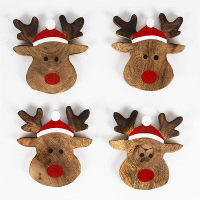 Sass & Belle Christmas Coasters & Placemats Set of 4 Wooden Rudolph Coasters