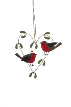 Shoeless Joe Christmas Decorations Metal Robins in Mistletoe Heart Christmas Tree Decoration