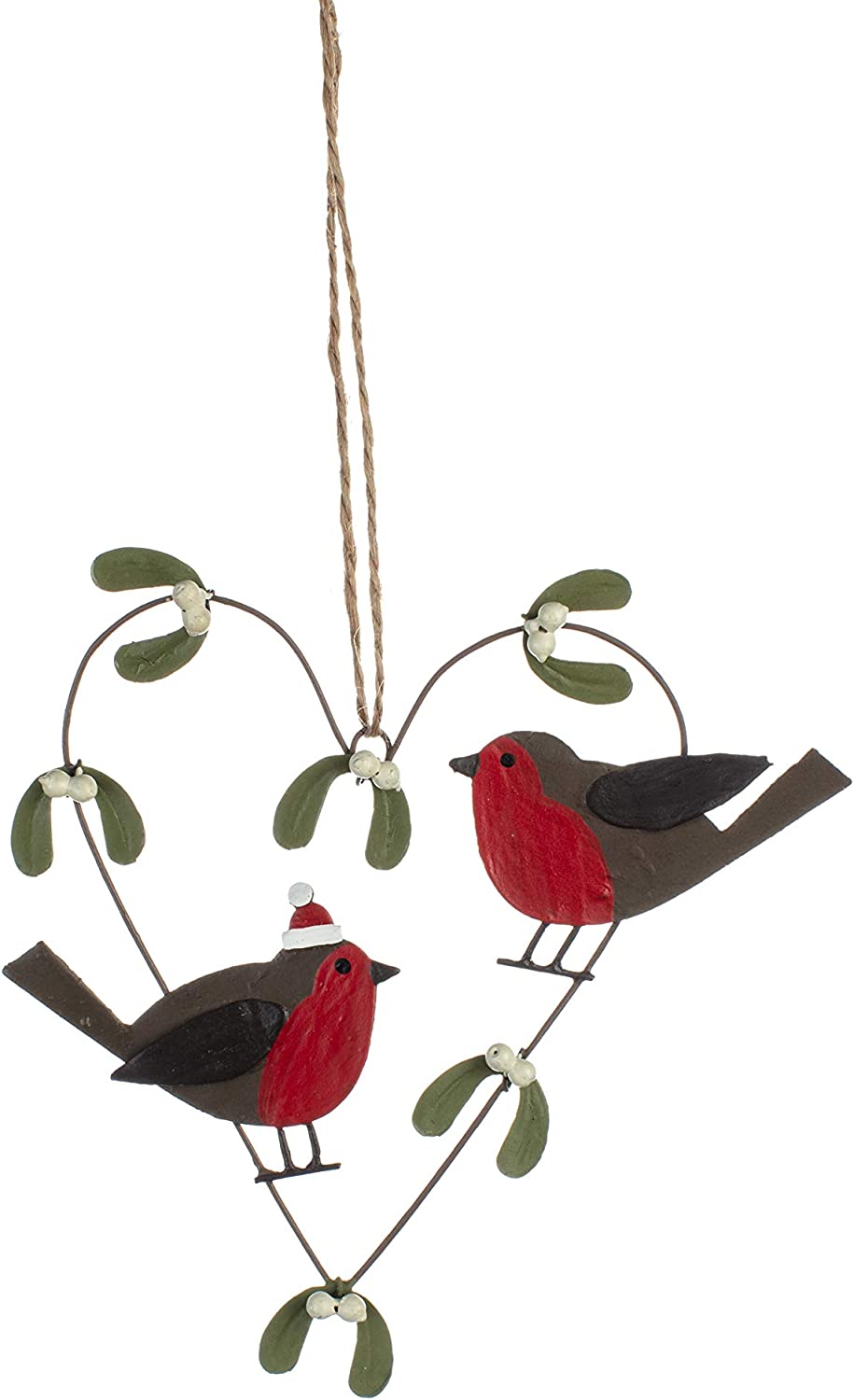 Shoeless Joe Christmas Decorations Metal Robins in Mistletoe Heart Christmas Tree Decoration
