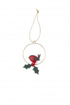 Shoeless Joe Christmas Decorations Robin in Gold Hoop with Holly Christmas Tree Decoration
