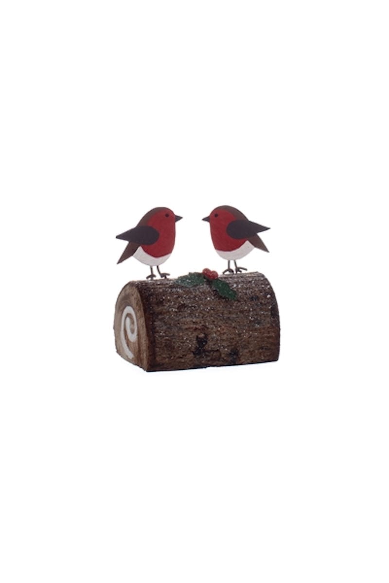 Shoeless Joe Christmas Decorations Robins on Yule Log Christmas Decoration
