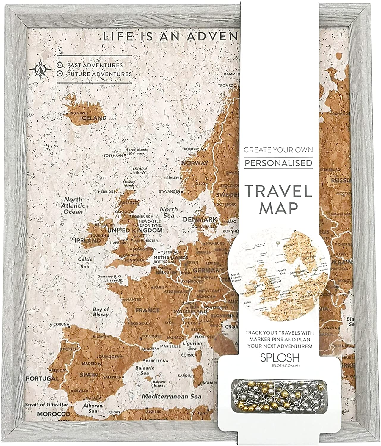 Splosh Gifts Grey Europe Travel Map with Pins