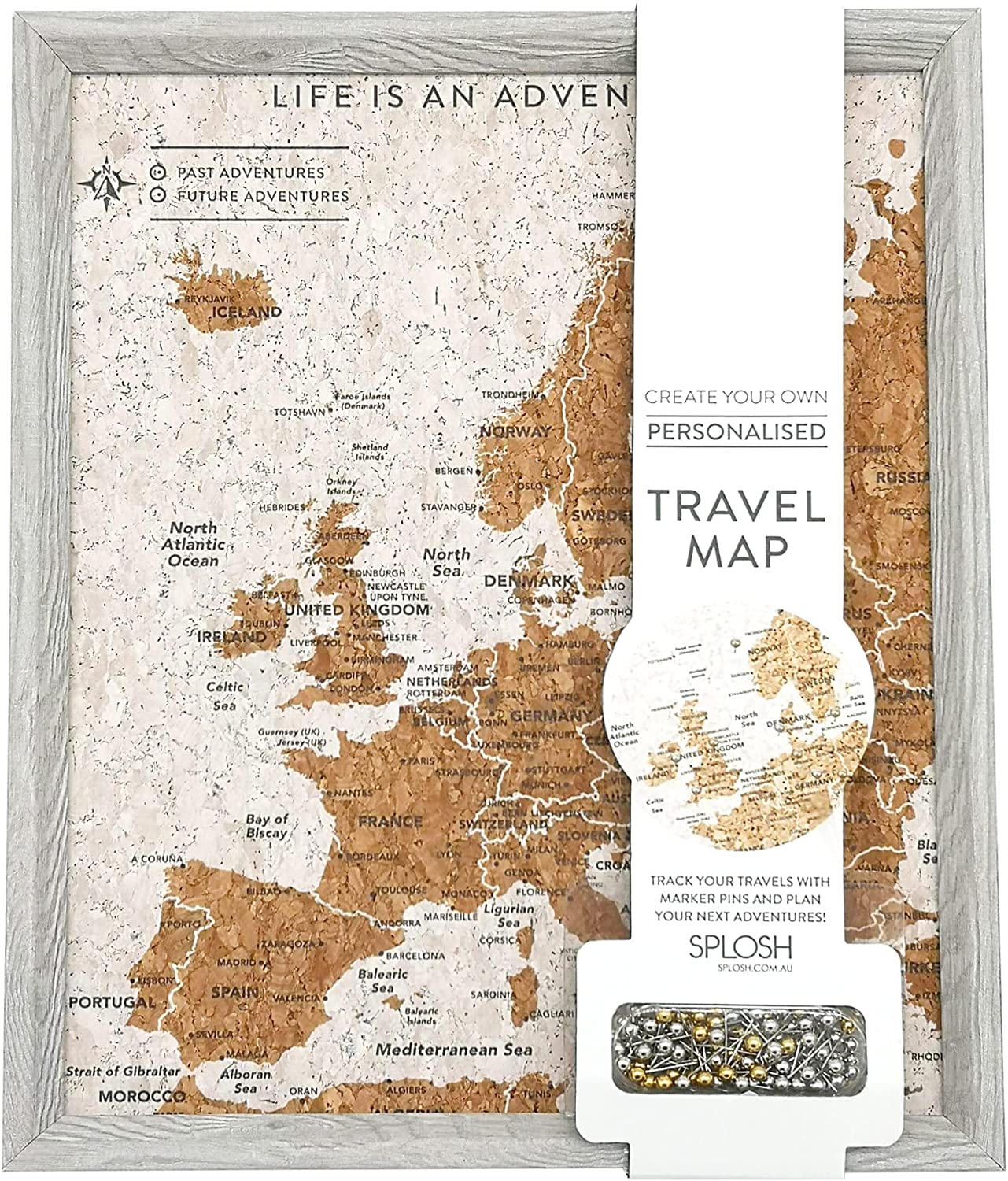 Splosh Gifts Novelty Gifts Grey Europe Travel Map with Pins