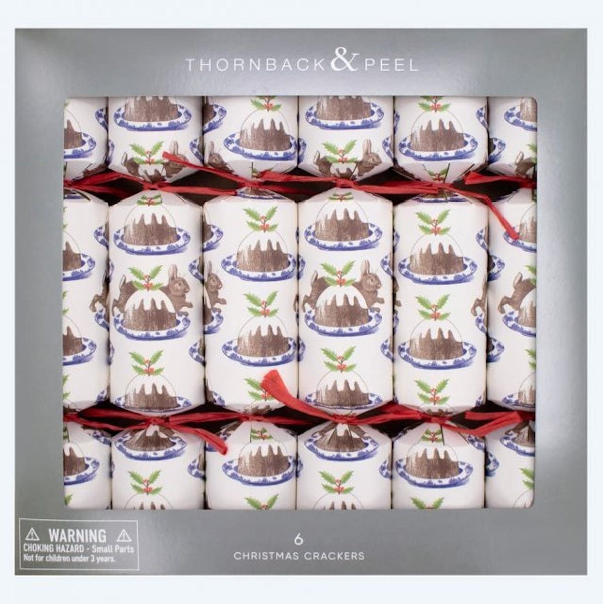 Thornback & Peel Christmas Decorations Set of 6 Christmas Pudding and Rabbit Crackers