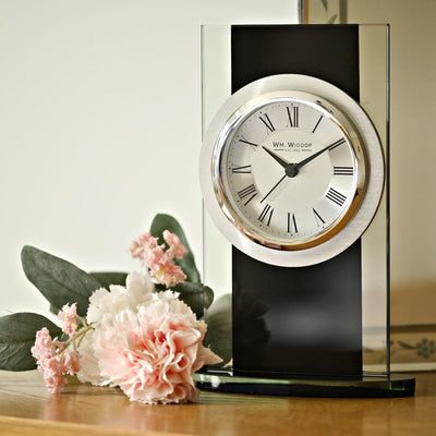 Widdop Gifts Clocks Silver and Black Glass Mantel Clock