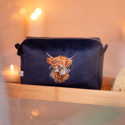Wrendale Designs Beauty Accessories Highland Cow Design Luxury Velvet Embroidered Medium Makeup Bag - Choice of Design