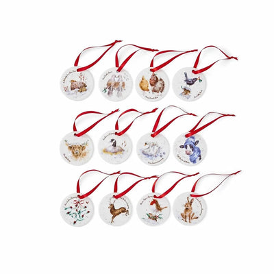 Wrendale Designs Christmas Decorations Set of 12 Fine China Christmas Tree Decorations in Gift Box