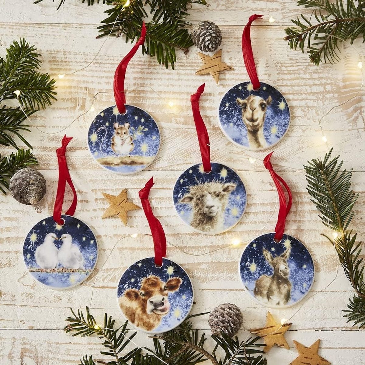 Wrendale Designs Christmas Decorations Set of 6 Nativity Animal Bone China Christmas Tree Decorations
