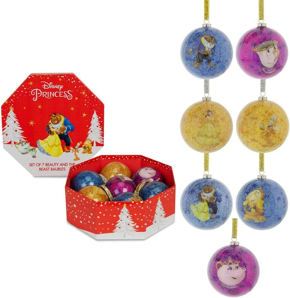 Widdop Gifts Christmas Decorations Disney Set of 7 Beauty and the Beast Christmas Baubles